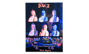 Risographed artists' book cover, featuring six illustrations of a person's head and torso, with a car illustrated underneath.
