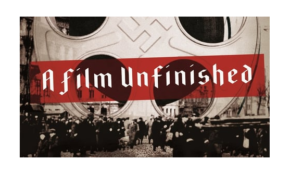 Movie poster with title superimposed over crowd dwarfed by large film reel with swastika at its centre.
