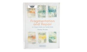 Book cover featuring six pieces of fabric patched with varying colour threads.
