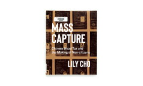 Book cover with title overlaid upon sylized images of immigration papers