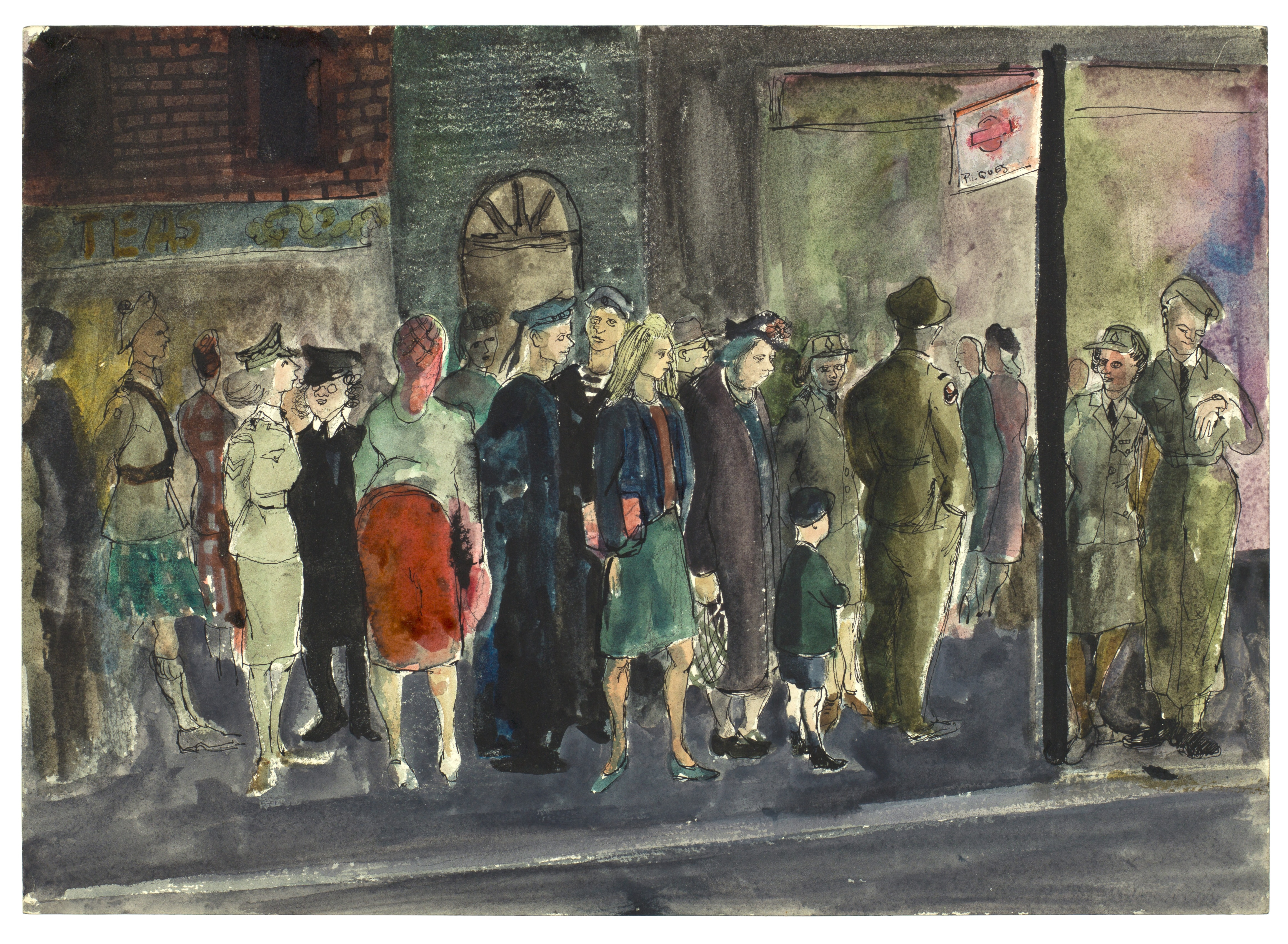A watercolour scene of uniformed men and women mingling on a city street outside a café marked “Teas,” with a small child among them.