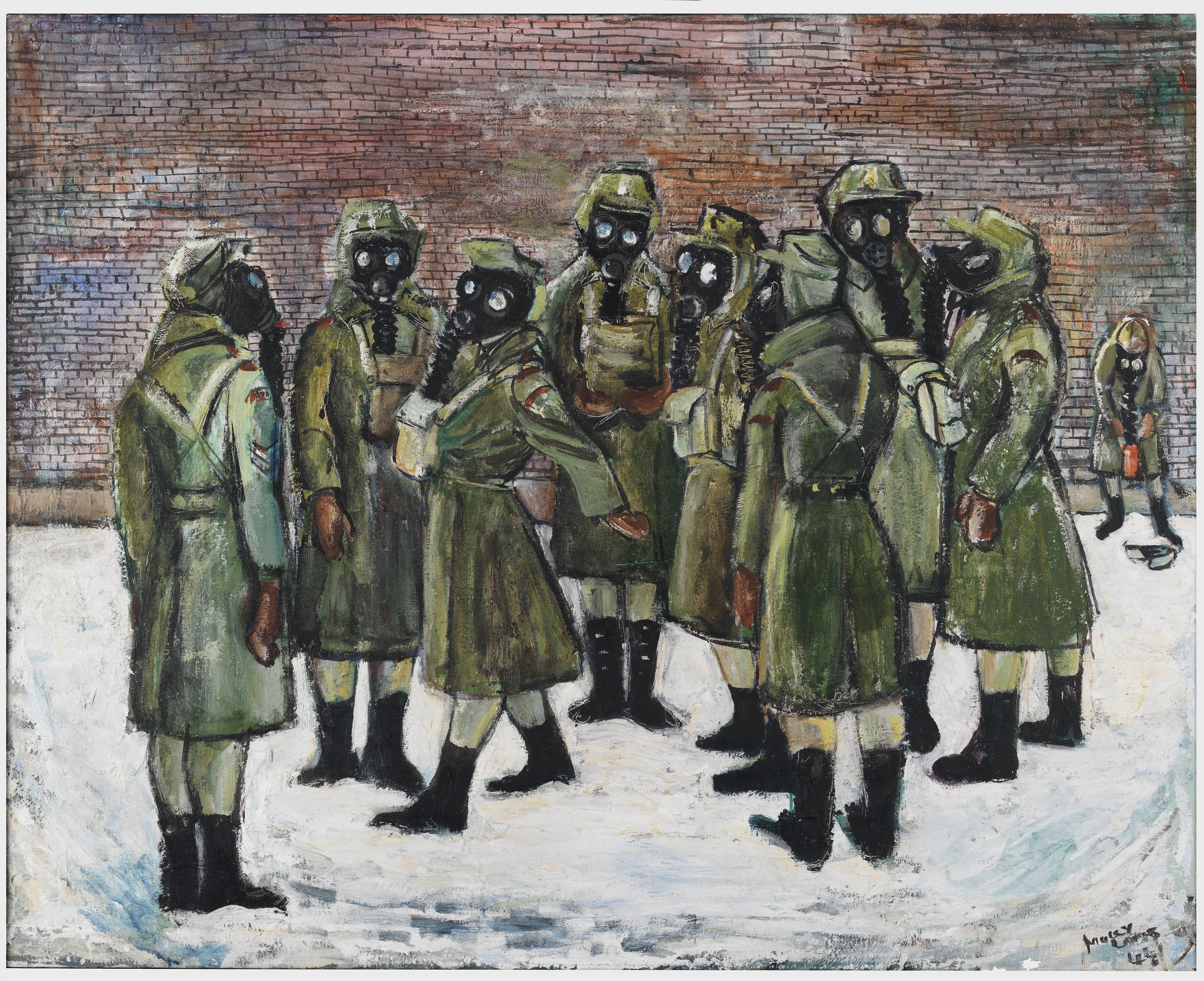 A group of female soldiers wearing gas masks stand in a snowy courtyard beside a brick wall; one person crouches in the background.