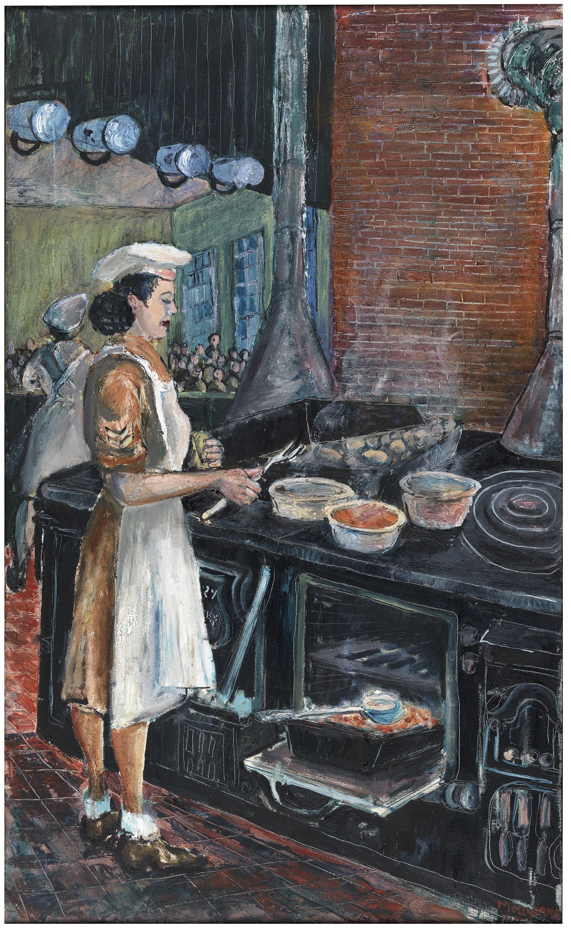 A woman in uniform and apron stands at a large stove, cooking over several steaming pots while others work behind her.