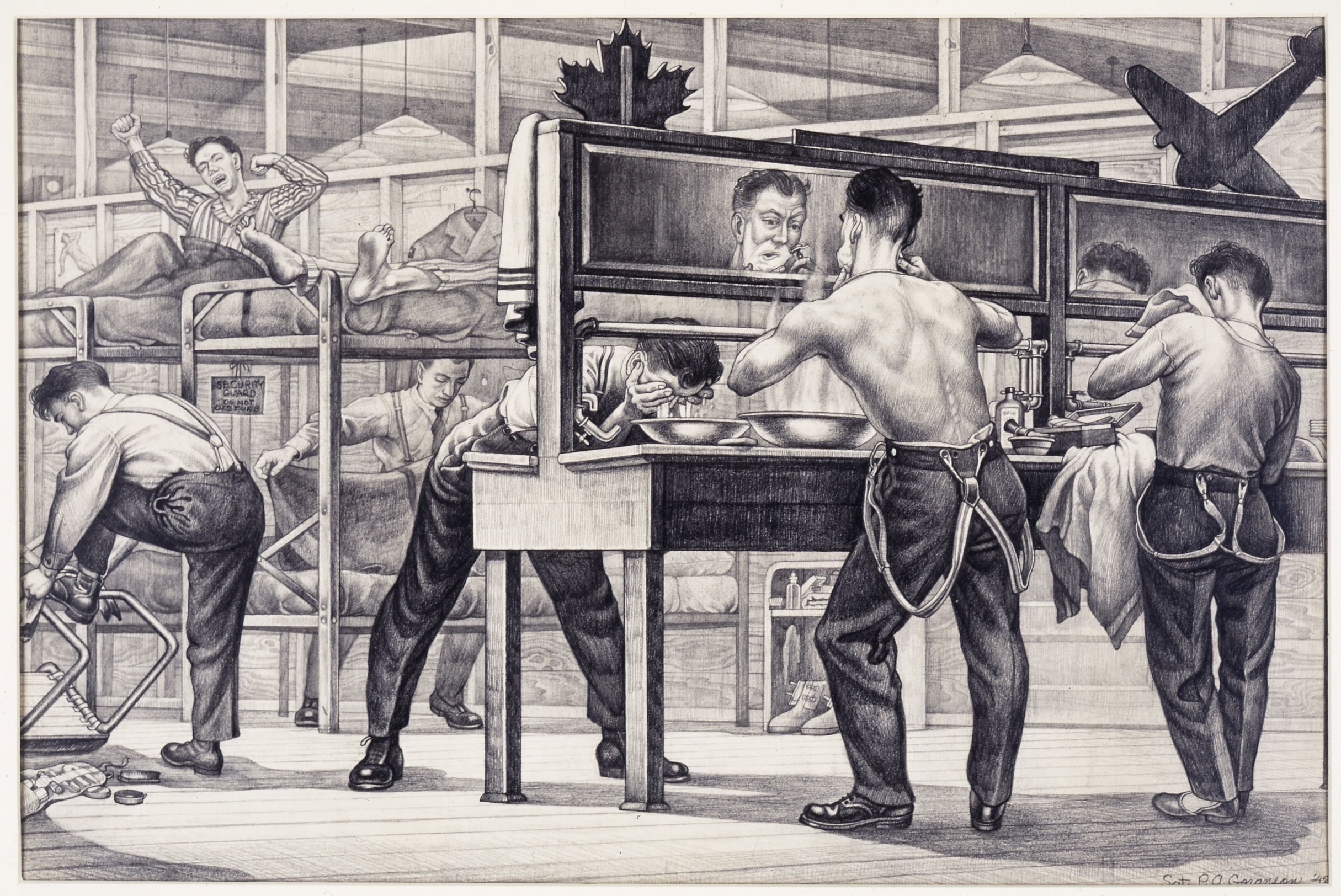 Airmen in a barracks. Some shave or wash at a shared sink while others get dressed near bunk beds.