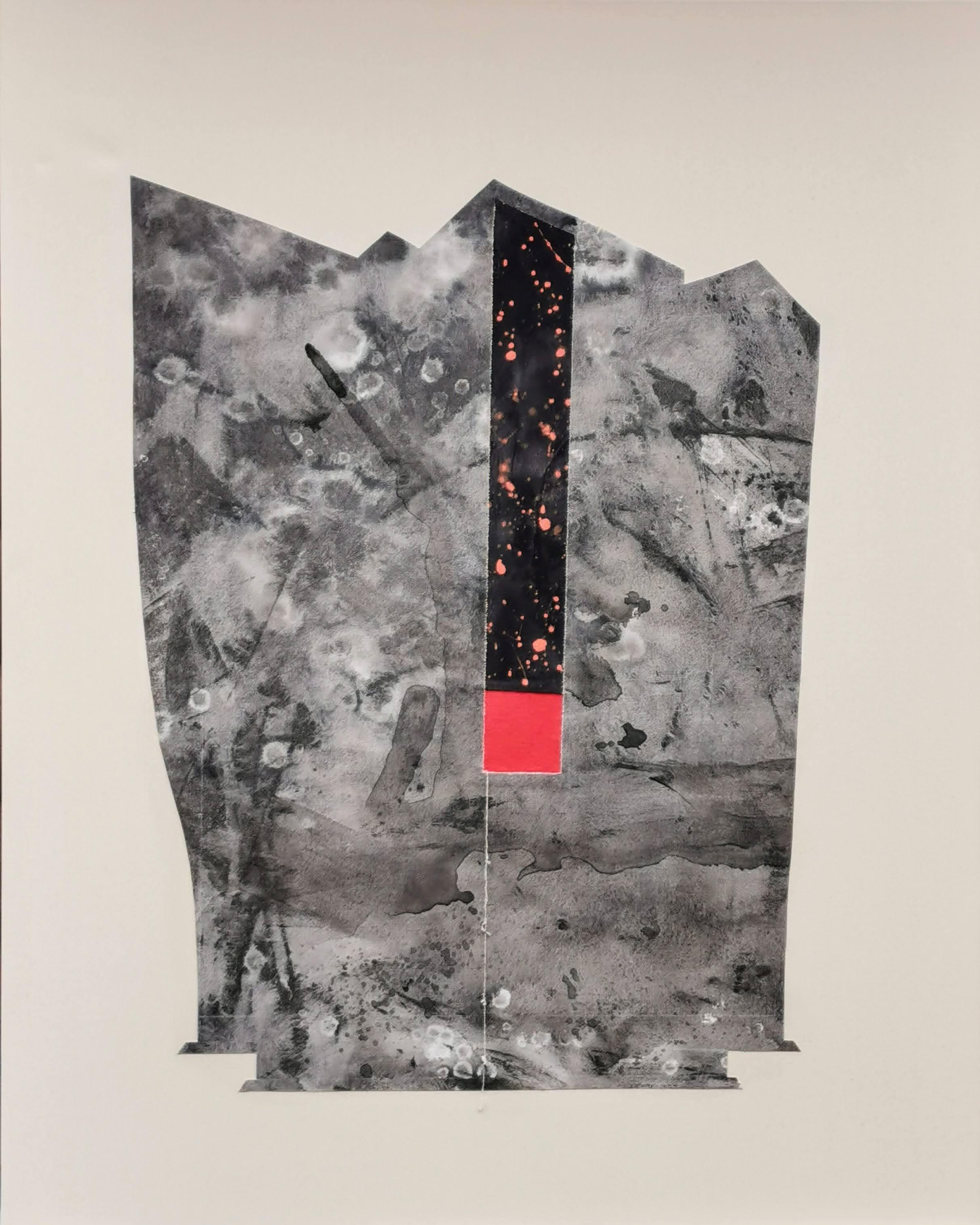 A grey fabric artwork with a black and red strip in the middle