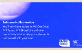 Text reads, "Enhanced collaboration. You’ll now have access to MS OneDrive, MS Teams, MS SharePoint and other productivity tools to help you collaborate and co-edit with your team."