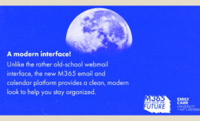Text reads, "A modern interface! Unlike the rather old-school webmail interface, the new M365 email and calendar platform provides a clean, modern look to help you stay organized"
