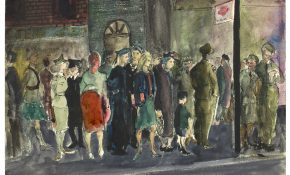 A watercolour scene of uniformed men and women mingling on a city street outside a café marked “Teas,” with a small child among them.