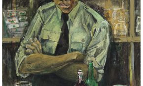 A woman in military uniform sitting at a café counter with folded arms. Bottles and dishes fill the background while fruit, cups and a doughnut sit on the counter in front of her.