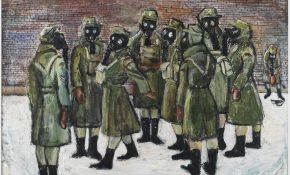 A group of female soldiers wearing gas masks stand in a snowy courtyard beside a brick wall; one person crouches in the background.