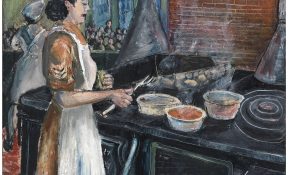 A woman in uniform and apron stands at a large stove, cooking over several steaming pots while others work behind her.