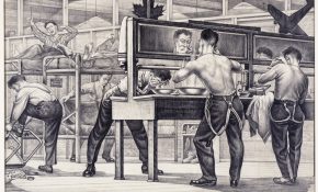 Airmen in a barracks. Some shave or wash at a shared sink while others get dressed near bunk beds.