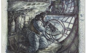 A figure inside a military aircraft using navigation equipment, surrounded by mechanical details and cold blue light.