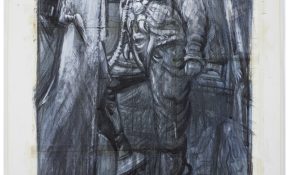 A sketch with blue tones of a pilot in flight gear and oxygen mask standing inside an aircraft.