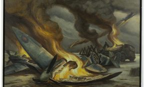 A painting of a fiery airfield where crashed planes and vehicles burn under a stormy sky.