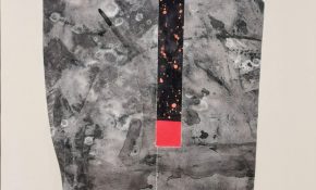A grey fabric artwork with a black and red strip in the middle