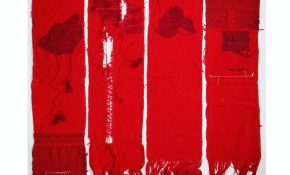 An artwork with four red fabrics in strips next to each with some fraying in the middle