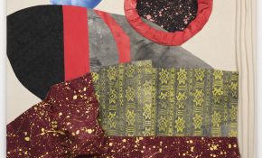An artwork with different mediums of fiber art and fabric