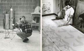 Left: A student working on a wire project in a sculpture studio. Right: A student screen printing.