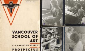 The cover of the Vancouver School of Art Prospectus with four snapshots of students working on different creative projects.