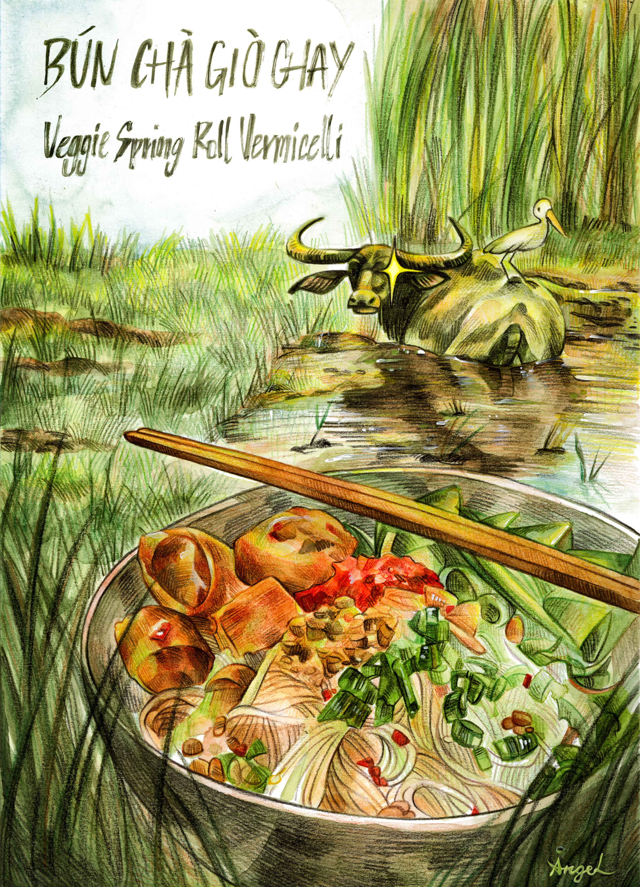 Angel Chan, 'Veggie Spring Roll Vermicelli ver. 1,' 2025. Watercolor & pencil crayons on paper.