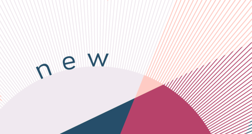 The word "New" follows the curve of a semicircle of lavender, pink, and magenta, with lines radiating outwards.